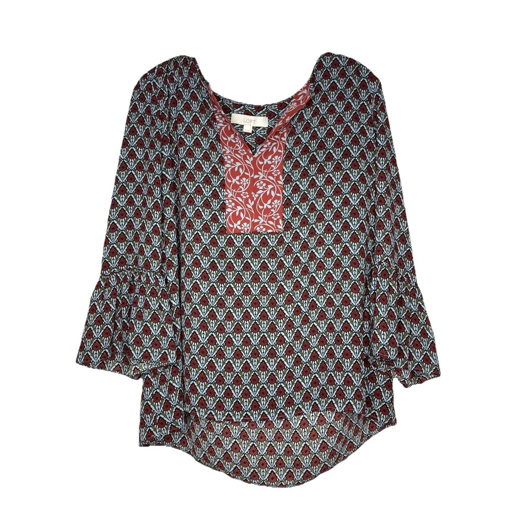 LOFT Blouse Women Medium Tunic Style Geometric Pattern 3/4 Sleeve Hi Lo Hem MSP